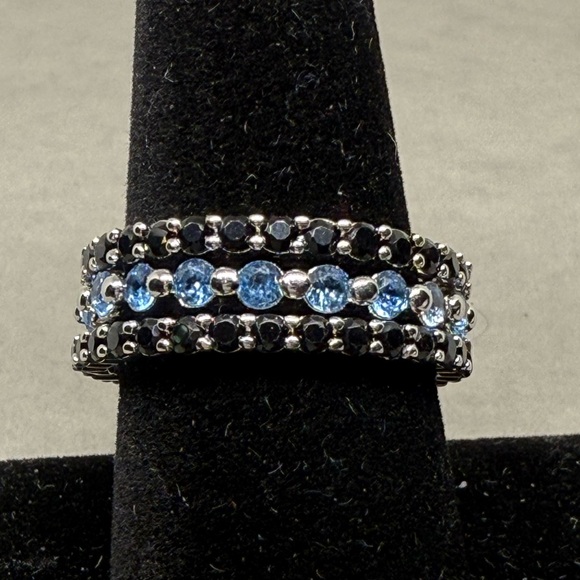 Bomb Party 3 ring set blue topaz & black CZ rhodium plated RBP 4929 - Picture 1 of 4